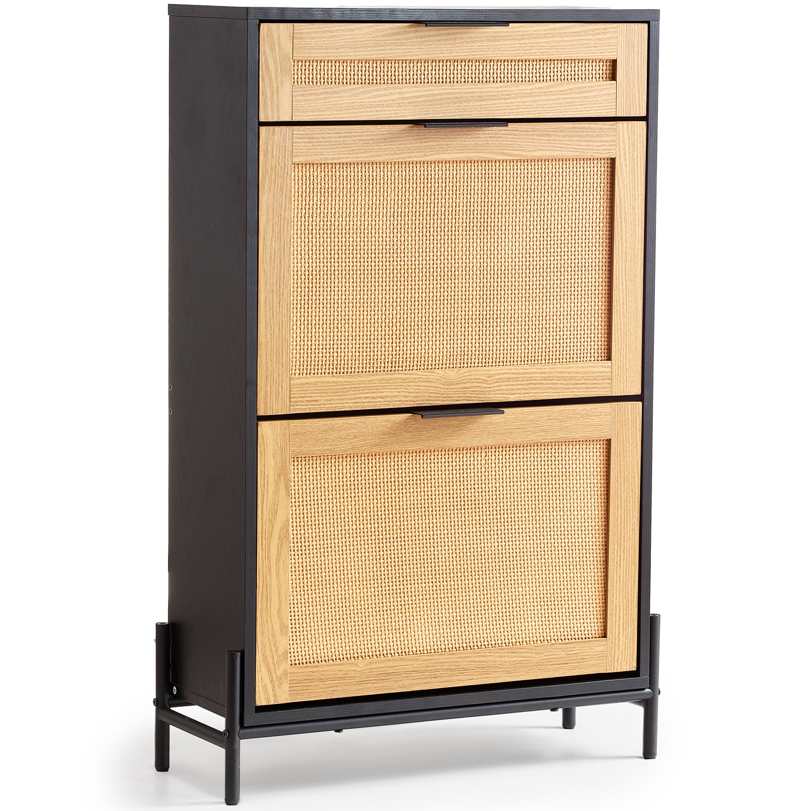 Rattan Shoe Cabinet, Narrow Shoe Storage Organizer With 2 Flip Rattan Drawers & 1 Slide Drawer, Metal Legs, Slim Shoe Entryway Cabinet Ideal For Entryway, Closet, Hallway, Black_voghion.com